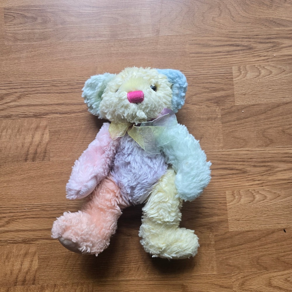Pastel Rainbow Patchwork Teddy Bear Plush Shaggy Multi Color Stuffed Animal 10"